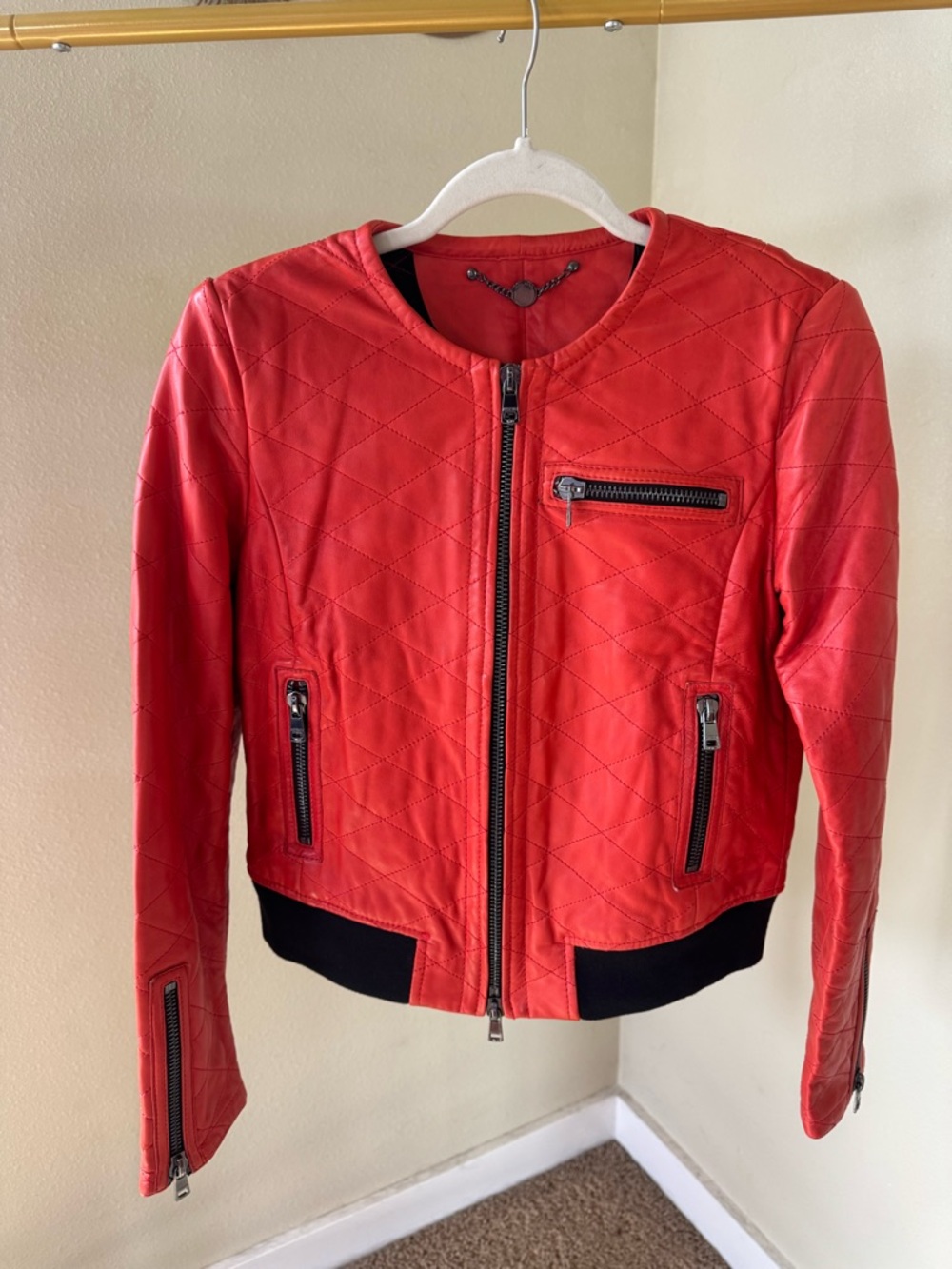 Marc Cain Red Lamb Nappa Leather Quilted Jacket Small Cropped Moto